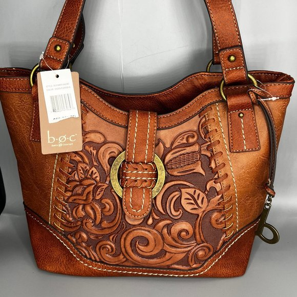 boc Handbags - BOC DARK BROWN TOOLED FLORAL FAUX LEATHER SHOULDER HANDBAG WITH DAMAGED WALLET
